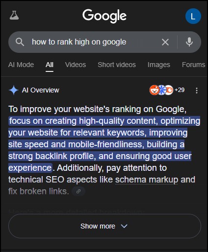 A search result about 'how to rank high on Google'.